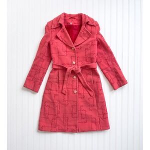 vtg Milena coral pink‎ embroidered belted wool coat 1970s